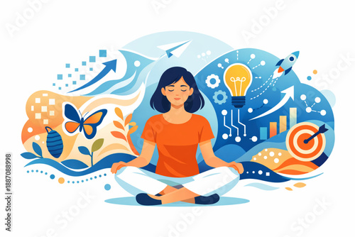 Women surrounded by evolving abstract patterns symbolizing transformation and innovation in clean flat design