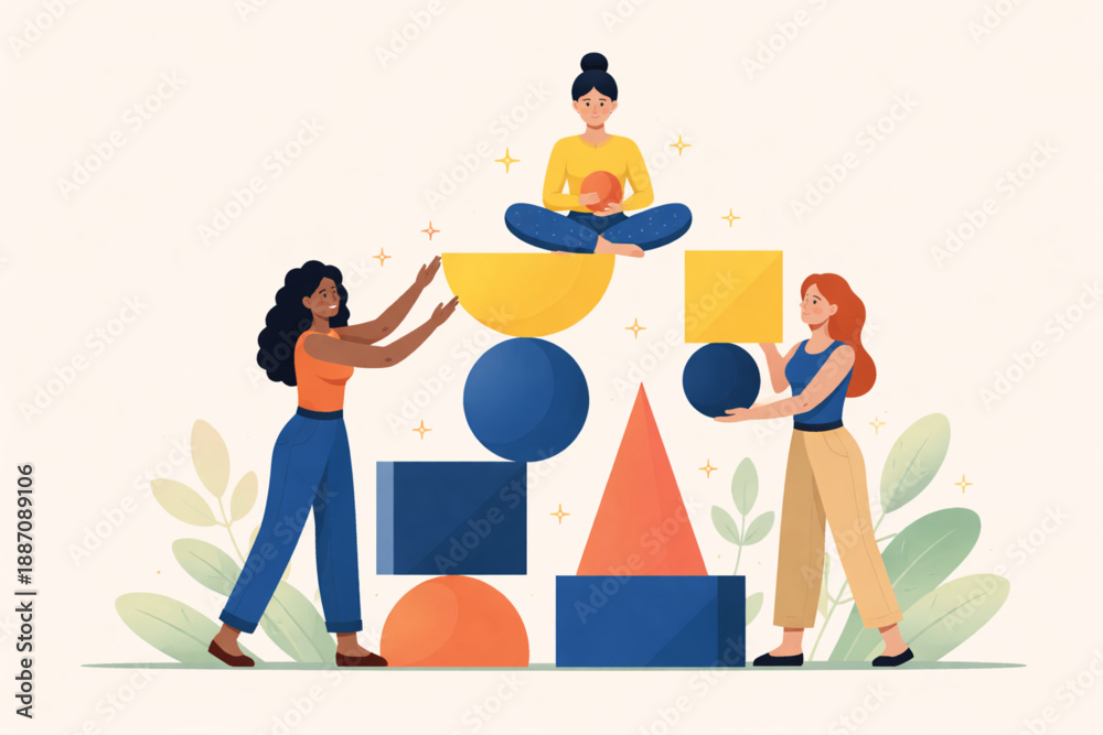 Fototapeta premium Women creating harmony from floating geometric forms in balanced modern flat design illustration