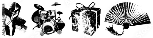 Ballet Slipper, Drum Kit, Gift Box, and Folding Fan in Halftone Vector Set