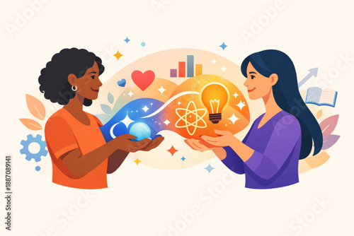 Women exchanging glowing abstract shapes representing shared knowledge and empowerment in flat vector style