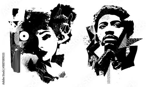Bold Halftone Portrait Collage of Two Figures in Graphic Art Style