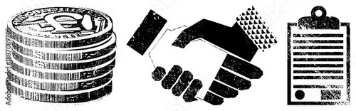 Stacked British Pound Coins, Handshake Deal, Clipboard Document