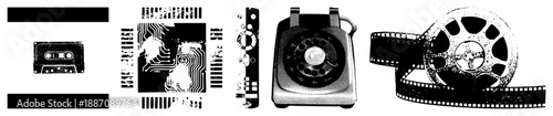 Vintage Tech Cassette, Circuit Board, Rotary Phone, Film Reel