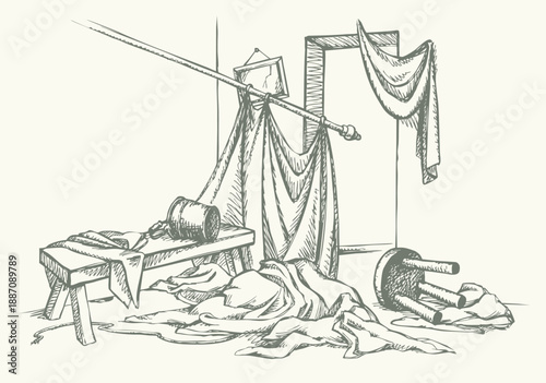 Vector drawing. Cluttered room view.