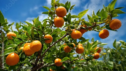 Bright ripe oranges hanging on a tree under a clear blue sky
