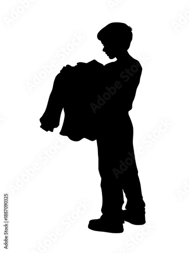 Vector drawing. The boy is picking up his shirt