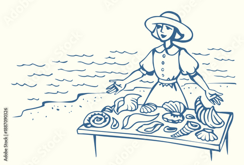 Vector illustration of a girl selling shells.