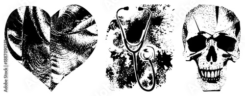 Medical Symbols in Halftone Style Heart, Stethoscope, Skull Vector