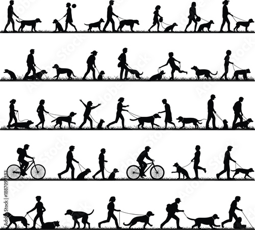 Silhouettes of people walking dogs in various poses showing daily outdoor activities pet care lifestyle exercise routine isolated on white background illustration