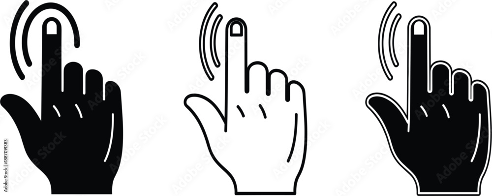 Fototapeta premium Tap Gesture Hand Icons Set with Touch, Click, and Press Symbols in Solid and Outline Styles for Mobile Apps, UI Interfaces, UX Design, and Digital Interaction