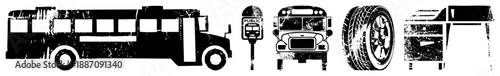 Vintage School Bus, Parking Meter, Tire, and Desk Silhouettes in Grunge Style