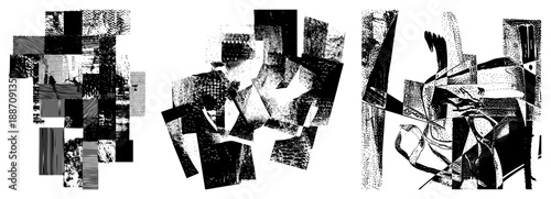 Abstract Geometric Collage of Halftone Textures and Fragmented Forms