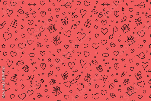 Whimsical red pattern with hearts and gifts Vector, illustration