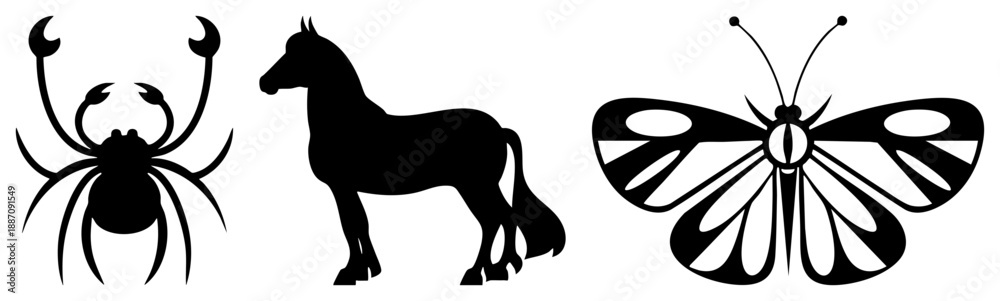 Obraz premium Silhouetted Crab, Horse, and Butterfly Vector in Black and White