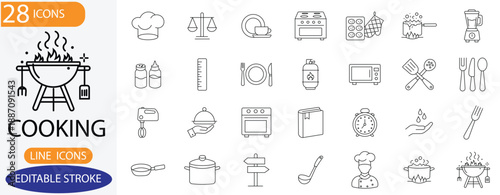 Cooking Line Icons. Features icons of chef, BBQ, stove, utensils, and appliances. Perfect for menus, recipe apps, and culinary projects.
