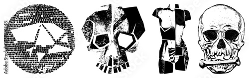 Four Abstract Black and White Graphic Featuring Skulls and Geometric Forms