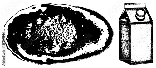 Black and White Halftone Illustration of Burnt Pancake and Milk Carton