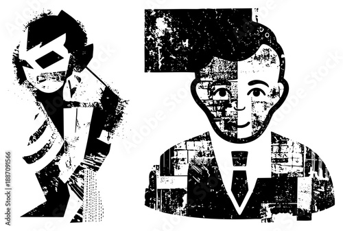 Stylized Black and White Silhouettes of Masked Hero and Businessman