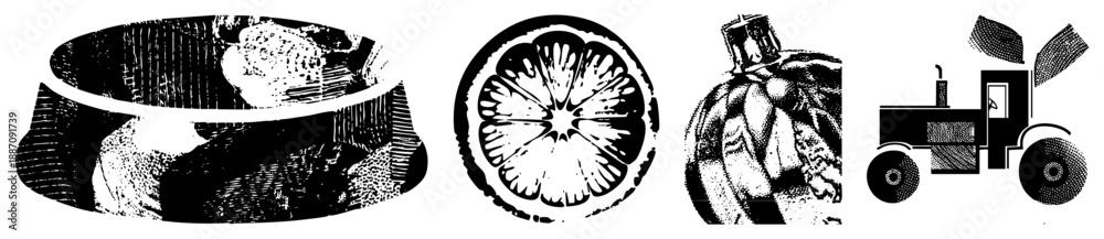 Fototapeta premium Vintage Halftone Illustrations of Fruit, Bottle, and Tractor in Black and White