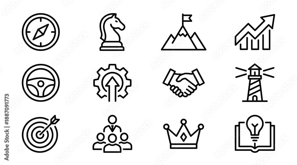 Fototapeta premium Business leadership and strategy line icons set for management success and corporate growth