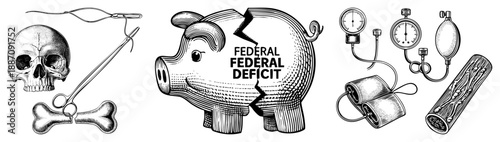 Medical & Economic Symbols Illustrating Health, Deficit, and Vital Systems