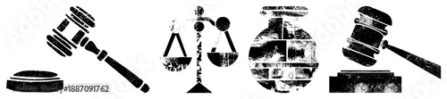 Legal Symbols Including Gavel, Scales of Justice, and Brick Wall