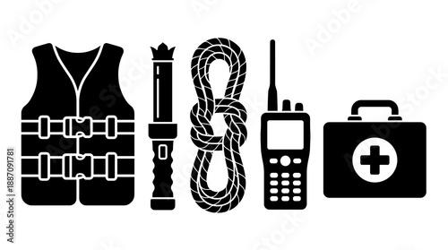 A collection of black silhouette icons representing essential safety gear such as a life jacket signal light nautical rope portable radio and medical first aid box