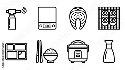 Collection of linear icons representing Japanese culinary tools and food items like sushi rolls rice cooker kitchen scale soy sauce and fresh salmon steak