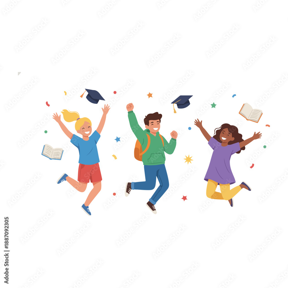 Obraz premium Three Students Celebrating Graduation with Confetti.