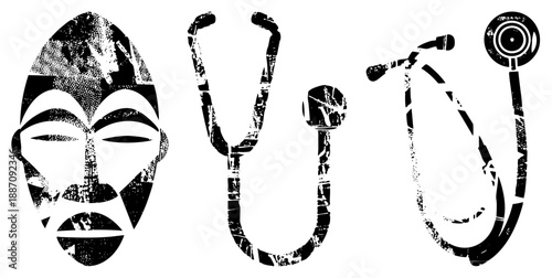 Stylized African Mask and Medical Stethoscopes in Halftone Vector Design