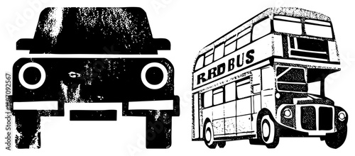 Vintage Land Defender and Classic Double Decker Bus Silhouettes