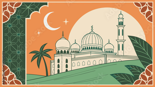 Ornate illustration of a large mosque with domes and minarets set against a crescent moon and bright sun.