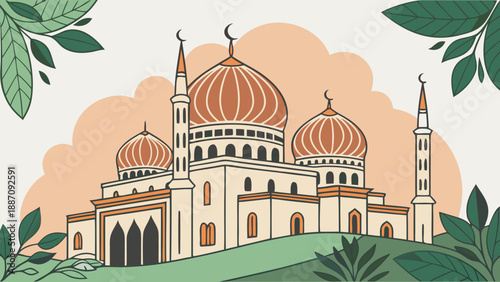 Beige mosque structure with multiple domes and minarets sits atop a gentle green hill framed by stylized surrounding foliage.