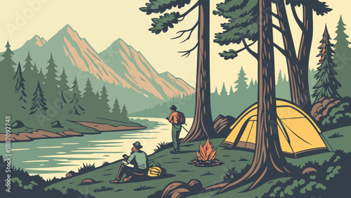 Serene camping scene by tranquil lake with majestic mountains in background