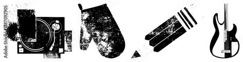 Vintage Turntable, Oven Mitt, Pencil, and Electric Guitar Silhouettes