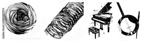 Intricate Braided Rope Coil and Spiral, Piano with Stool, Banjo Close up