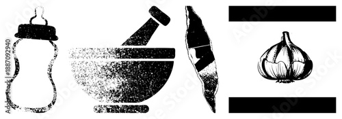 Vintage Herbal Medicine Symbols Mortar, Garlic, and Traditional Remedies