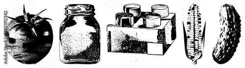Vintage Glass Jar with Salt, Tomato, Corn, and Pickle in Halftone Vector Style