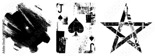 Grunge Styled Playing Card Symbols with Distressed Star and Ink Splotch