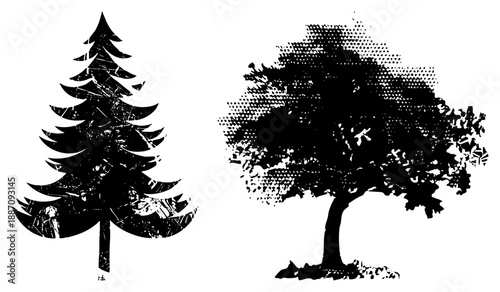 Stylized Pine and Deciduous Tree Silhouettes with Distressed Textures