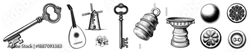 Vintage Ornamental Key, Mandolin, Windmill, and Citrus Slice Vector