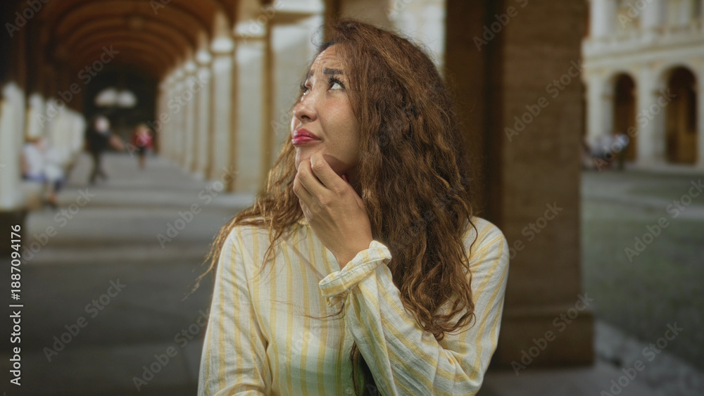 Fototapeta premium Woman touching chin with frown and hand near mouth on historic street arcade, striped yellow shirt visible; quiet concern.