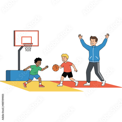 Children Playing Basketball with Coach on Court.