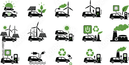 Electric vehicle charging and renewable energy icon set, eco friendly transport symbols, solar wind power EV illustrations, green technology vector collection, sustainability infographic