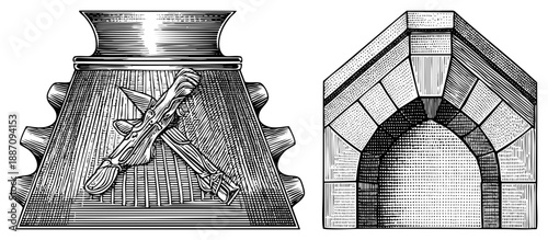 Vintage Halftone Illustration of Ornate Vase and Gothic Archway