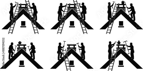Roof repair worker silhouette set, house rooftop construction icons, ladder hammer chimney maintenance symbols, black vector home renovation collection, roofing work infographic design elements