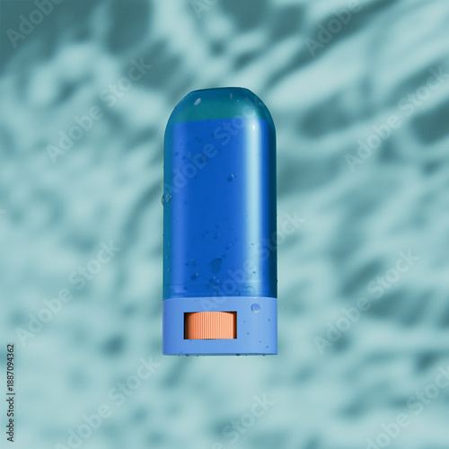 Sport sunscreen Stick packaging mockup, Blue Rotating Solid cosmetic cream container, oval shape twist up packaging, translucent plastic push up Antiperspirant Tube, Sport skincare branding concept