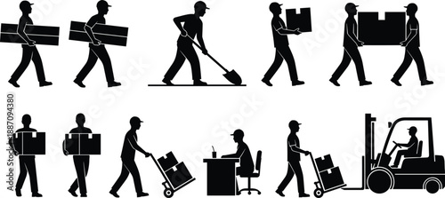 Warehouse worker silhouette icon set, logistics delivery labor symbols, manual handling forklift box transport icons, black vector supply chain collection, industrial work infographic design elements