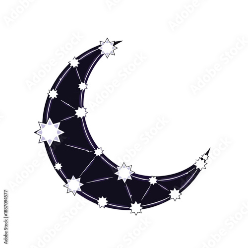Crescent moon with constellations and stars on white background 