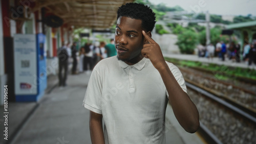 Quadro su tela Man in white polo shirt pointing finger to head at busy train station platform under canopy; silliness